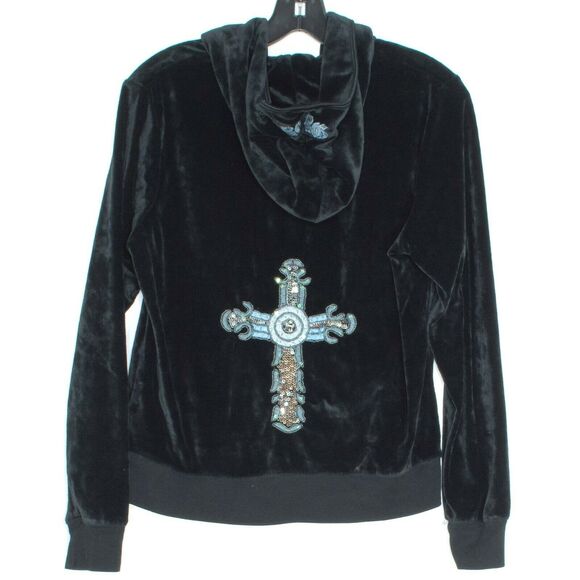 BCBGMaxazria Womens Track Jacket Velour Y2K Hoodie Cross Full Zip Black XL FM - Picture 2 of 2